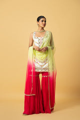 Ivory Kurta with Pink Sharara and Lime Green Dupatta