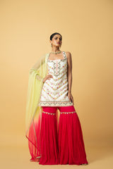 Ivory Kurta with Pink Sharara and Lime Green Dupatta