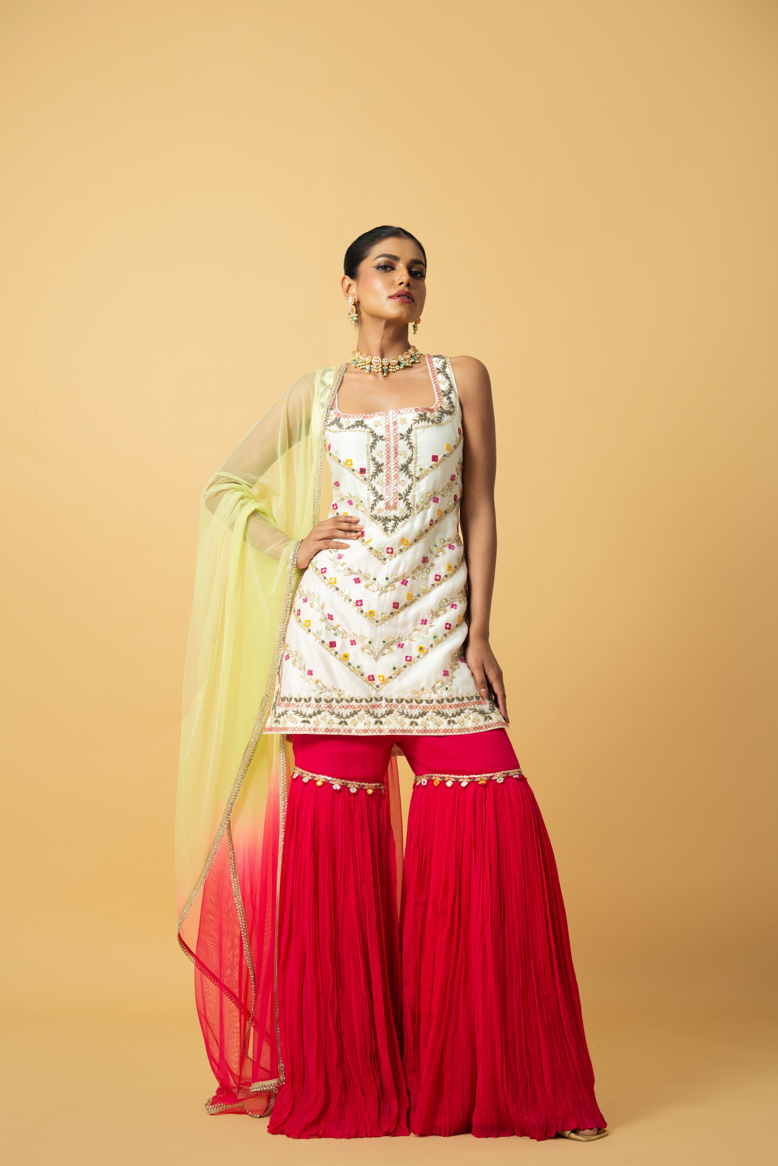 Ivory Kurta with Pink Sharara and Lime Green Dupatta