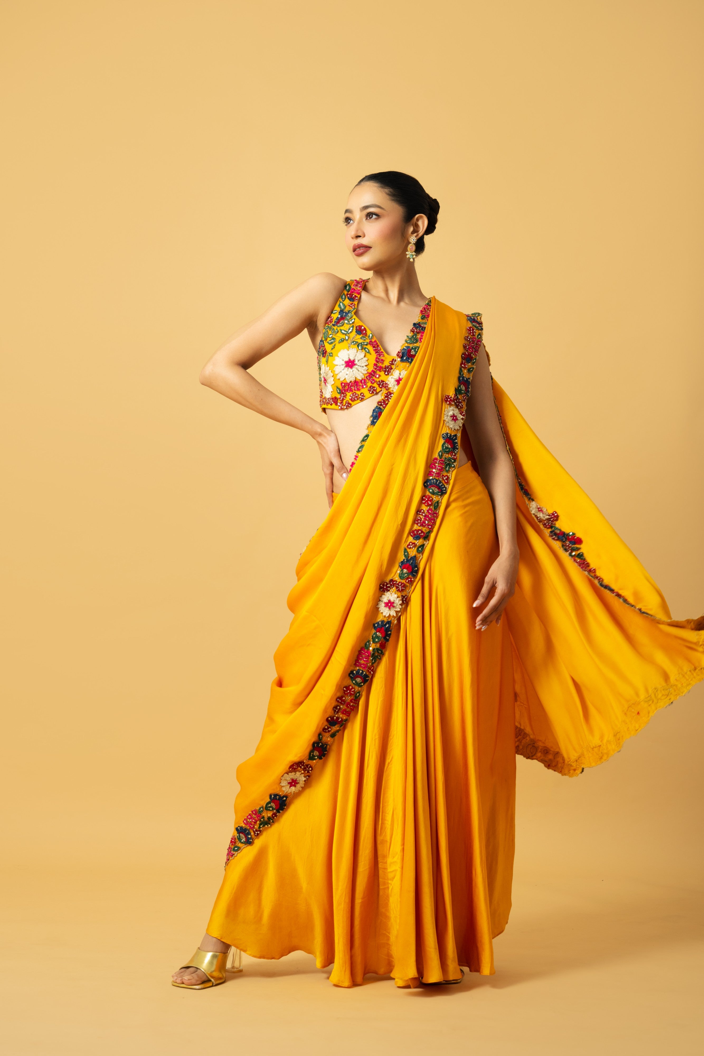 Golden Yellow Satin Saree with 3D Hand Embroidery