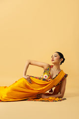 Golden Yellow Satin Saree with 3D Hand Embroidery