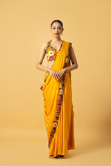 Golden Yellow Satin Saree with 3D Hand Embroidery