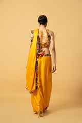 Golden Yellow Satin Saree with 3D Hand Embroidery
