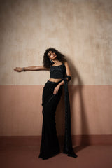 Predraped , black hand embroidered georgette saree