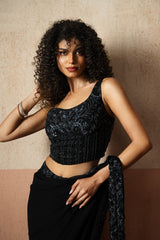 Predraped , black hand embroidered georgette saree