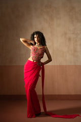 Predraped , fuschia pink , embroidered georgette saree with corset blouse