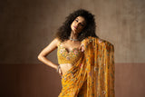 Predraped , mustard yellow , hand embroidered net & georgette saree