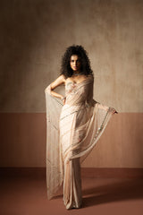 Predraped , baby pink ,  hand embroidered net & satin saree
