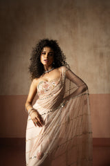 Predraped , baby pink ,  hand embroidered net & satin saree