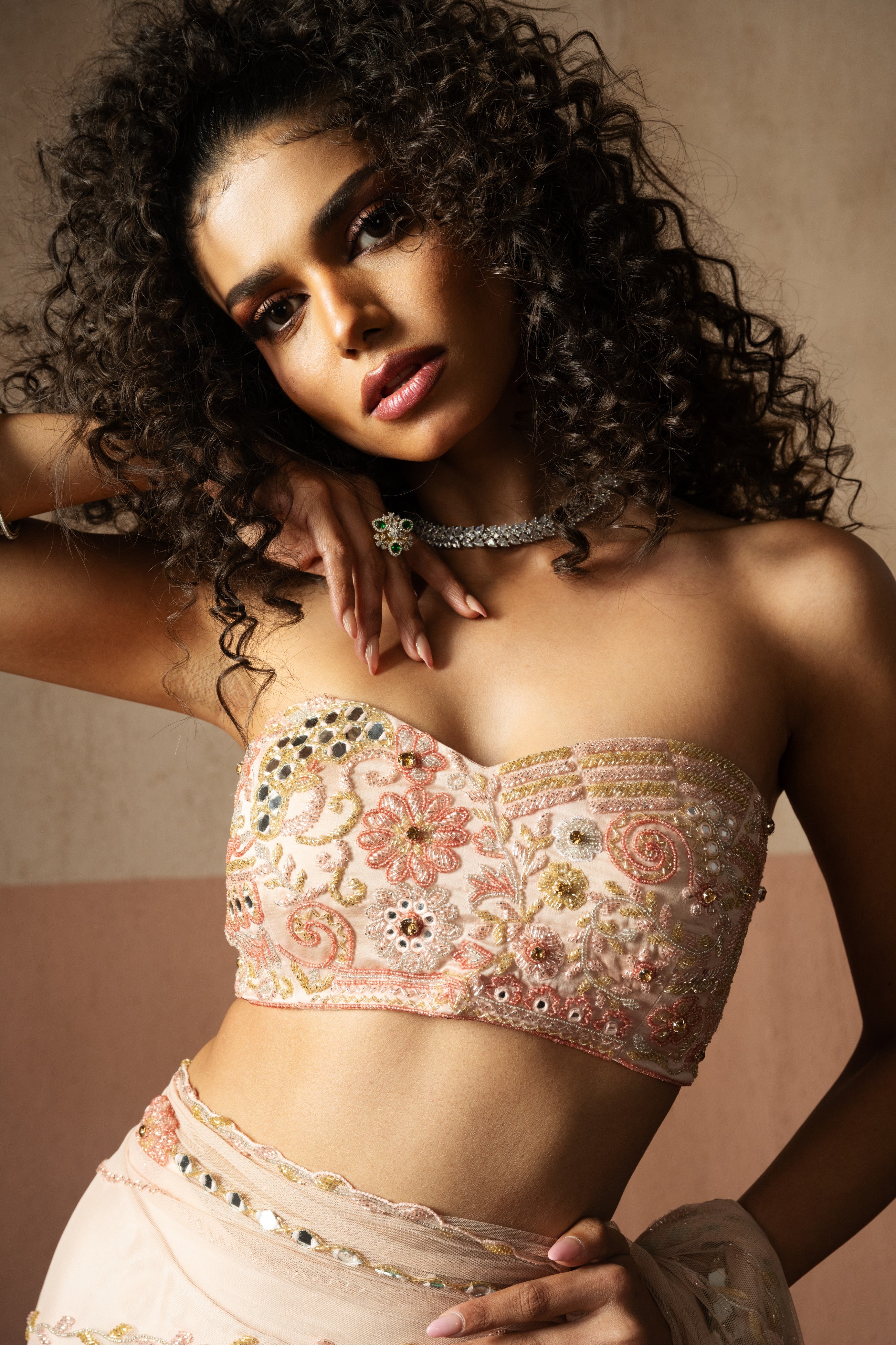 Predraped , baby pink ,  hand embroidered net & satin saree