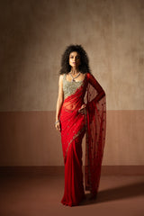 Predraped , red , hand embroidered net & georgette saree with golden blouse