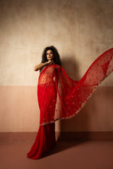 Predraped , red , hand embroidered net & georgette saree with golden blouse