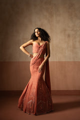 Fishtail style , peach coloured, hand embroidered georgette fishtail saree