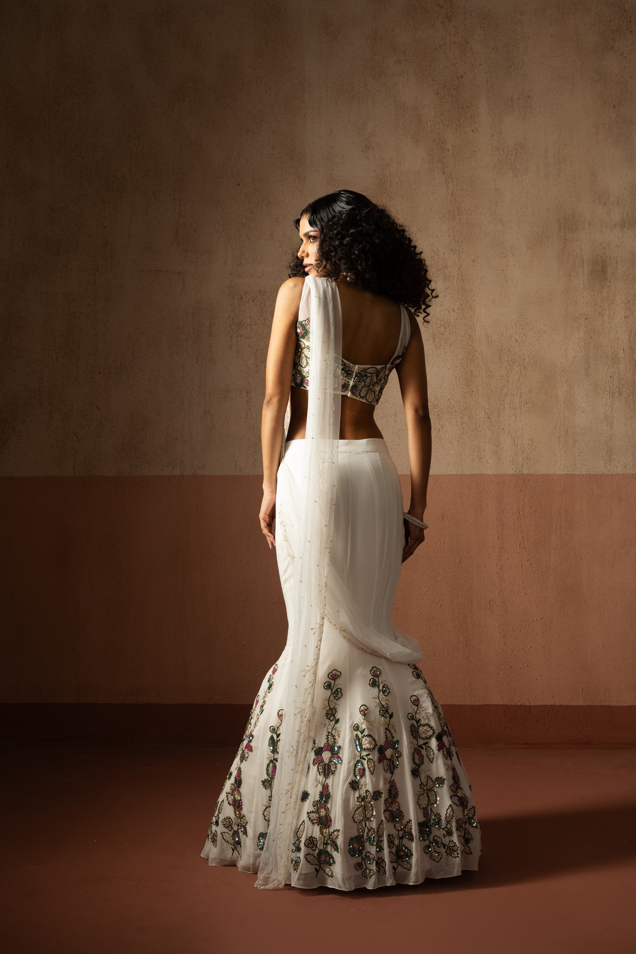 Fishtail style , white & multicoloured  hand embroidered georgette fishtail saree, concept saree