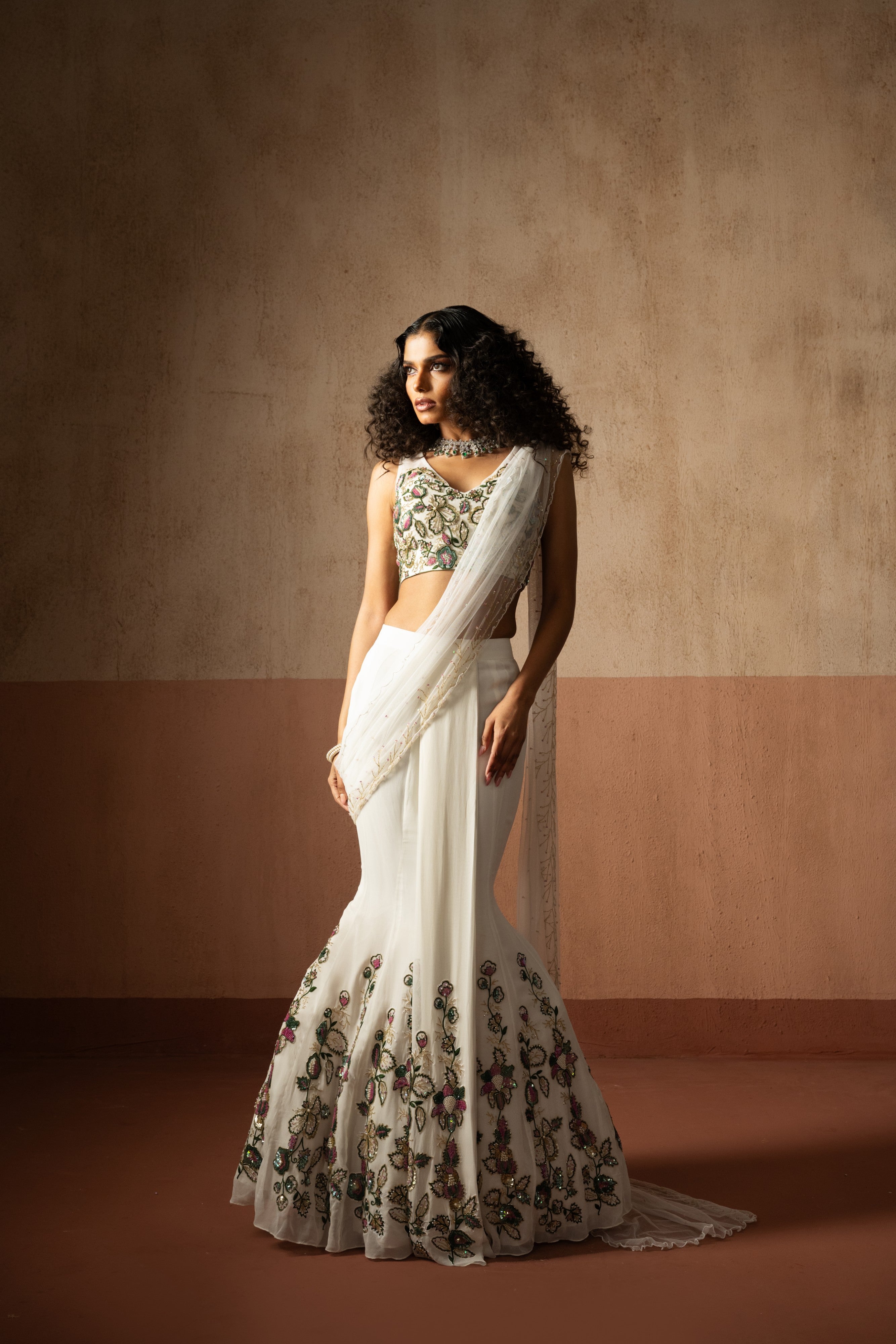 Fishtail style , white & multicoloured  hand embroidered georgette fishtail saree, concept saree