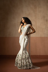 Fishtail style , white & multicoloured  hand embroidered georgette fishtail saree, concept saree