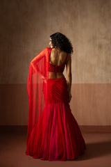 Fishtail style , red & fuschia pink coloured,  hand embroidered , net &georgette fishtail saree, concept saree