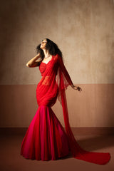 Fishtail style , red & fuschia pink coloured,  hand embroidered , net &georgette fishtail saree, concept saree