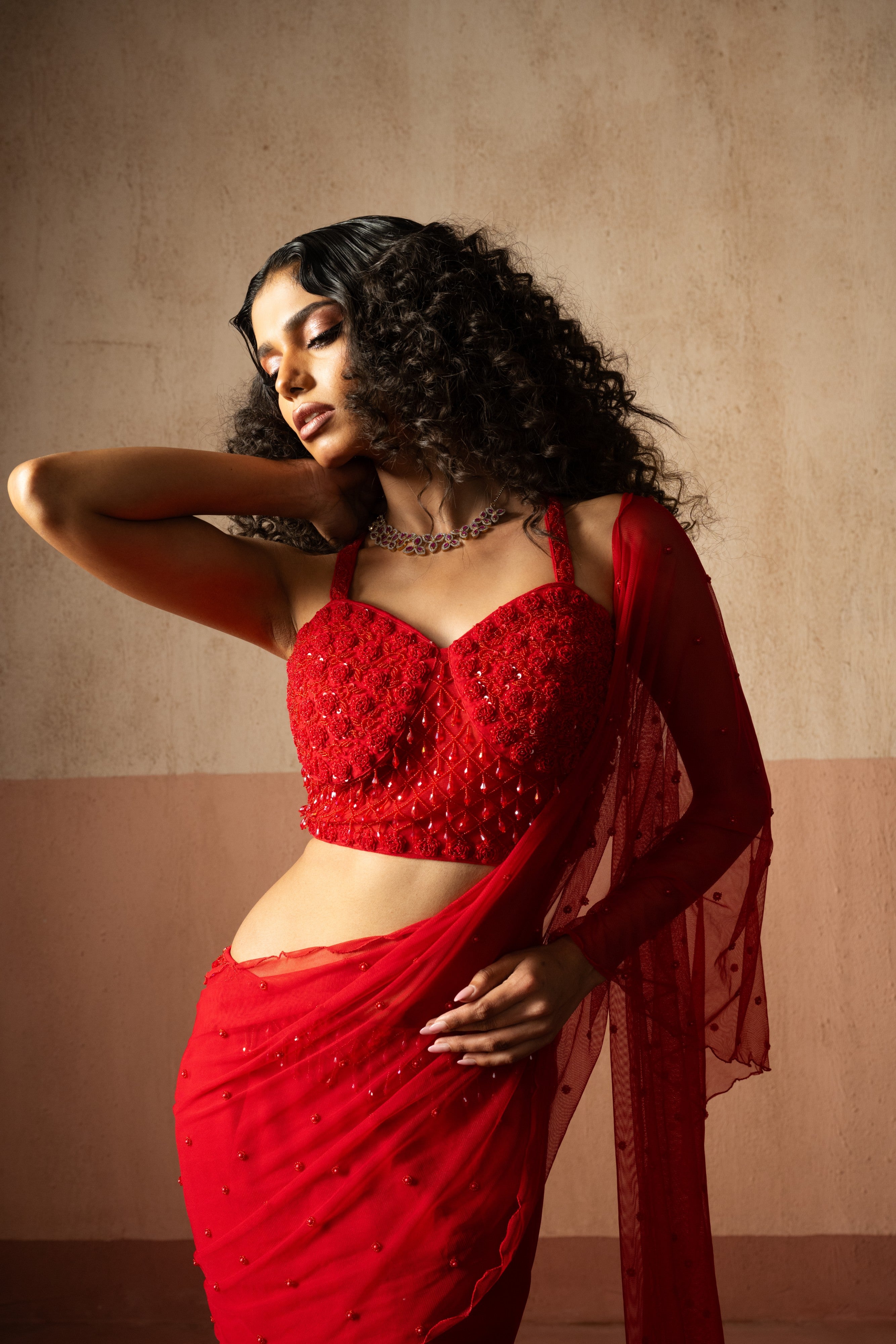 Fishtail style , red & fuschia pink coloured,  hand embroidered , net &georgette fishtail saree, concept saree