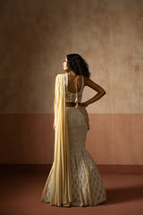 Fishtail style , beige & ivory hand embroidered , net &georgette fishtail saree, concept saree