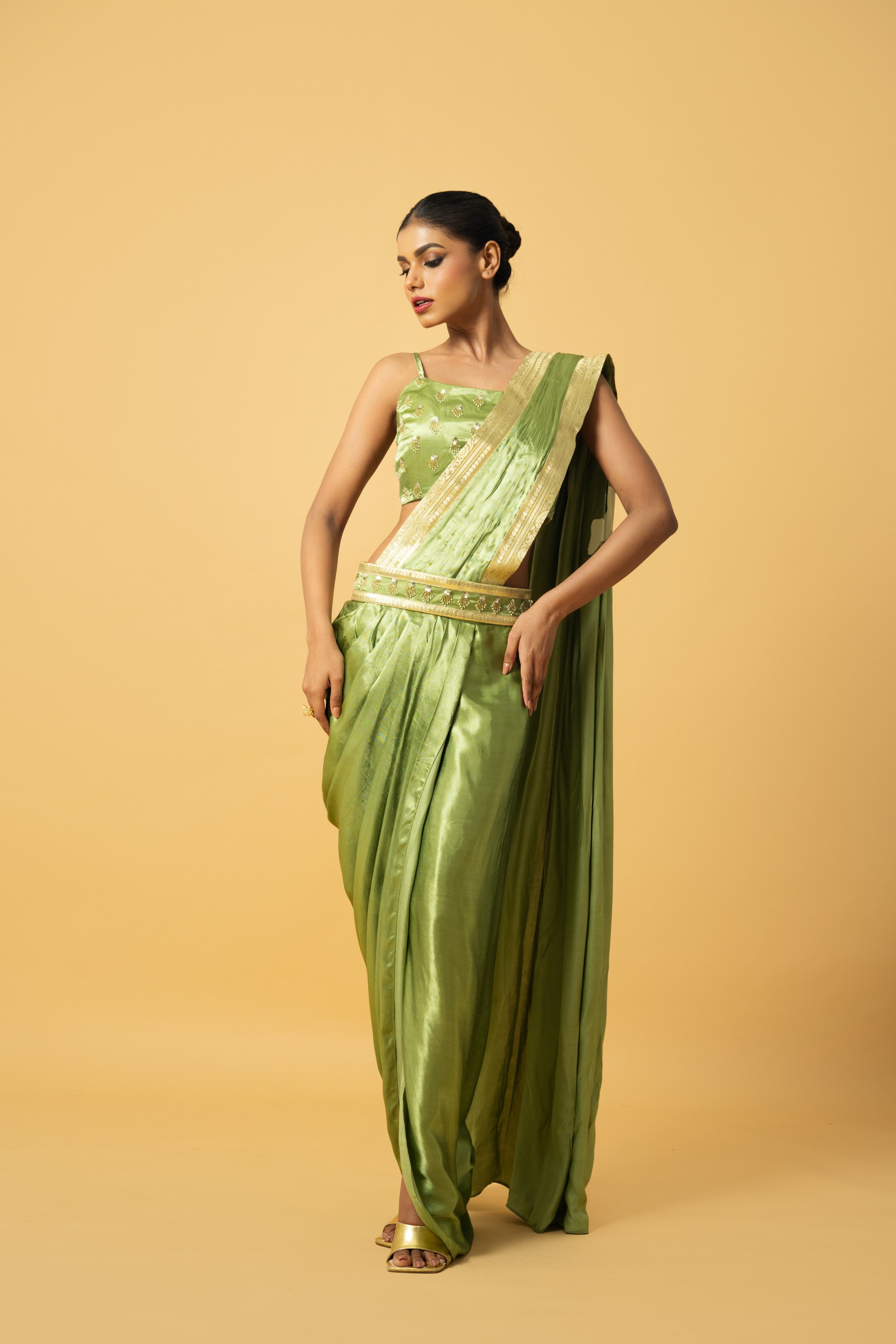 Bright Mint Green Dhoti Saree with Embroidered Blouse