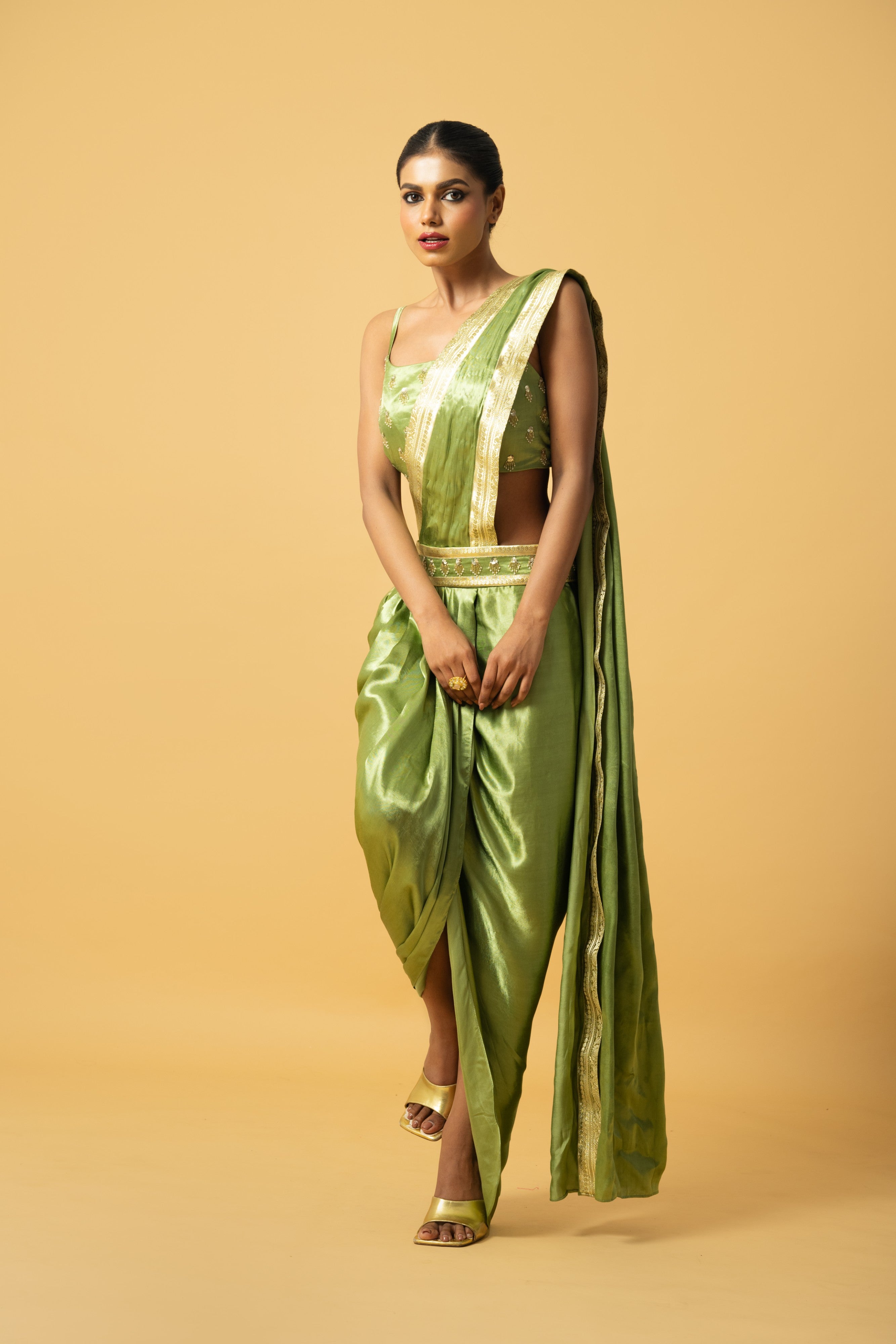 Bright Mint Green Dhoti Saree with Embroidered Blouse