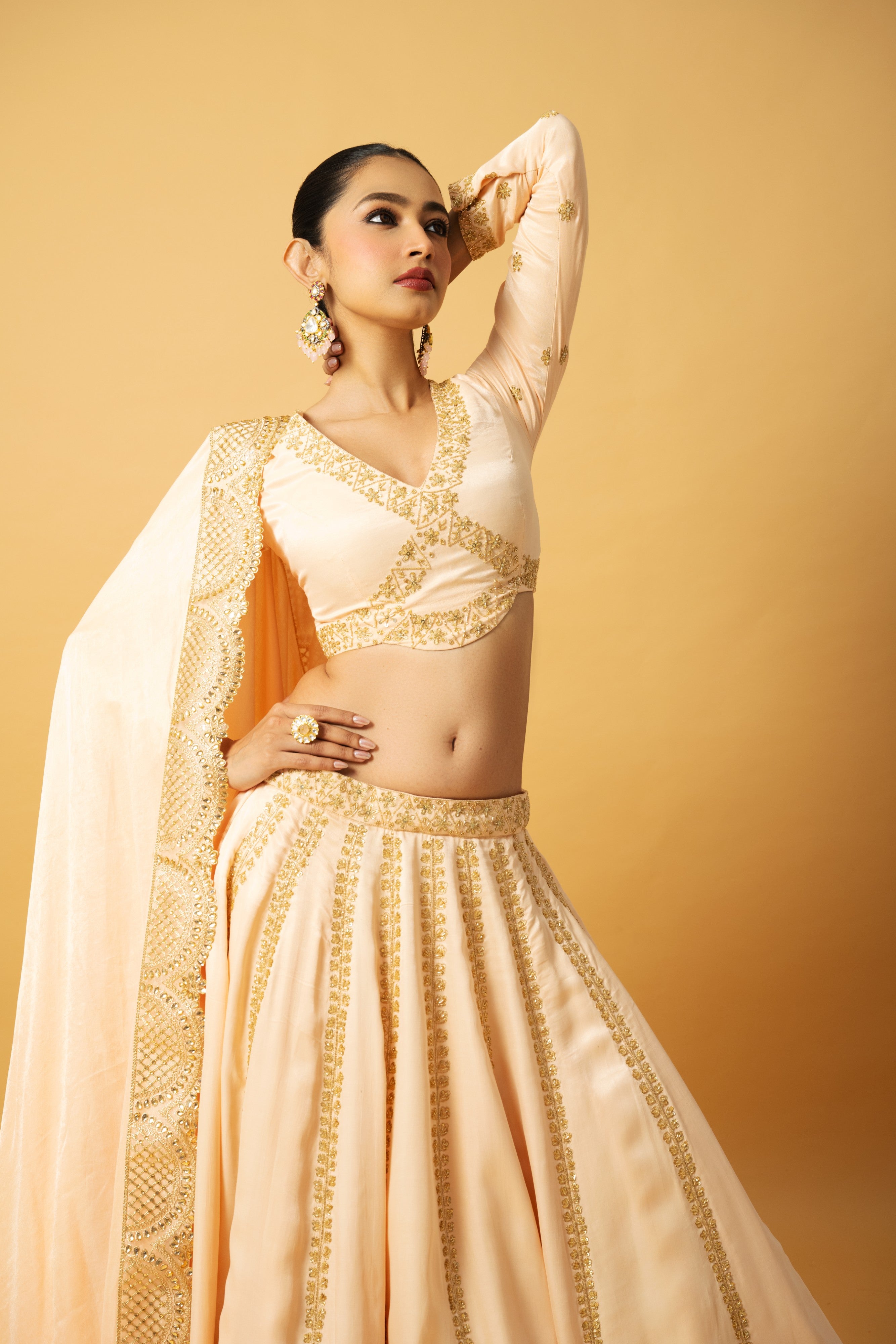 Peach Full Sleeve Modal Satin Lehenga