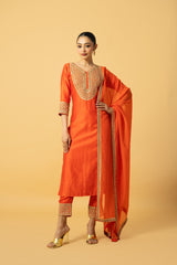 Orange Chanderi Silk Kurta Set with Hand Embroidery