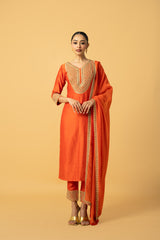 Orange Chanderi Silk Kurta Set with Hand Embroidery