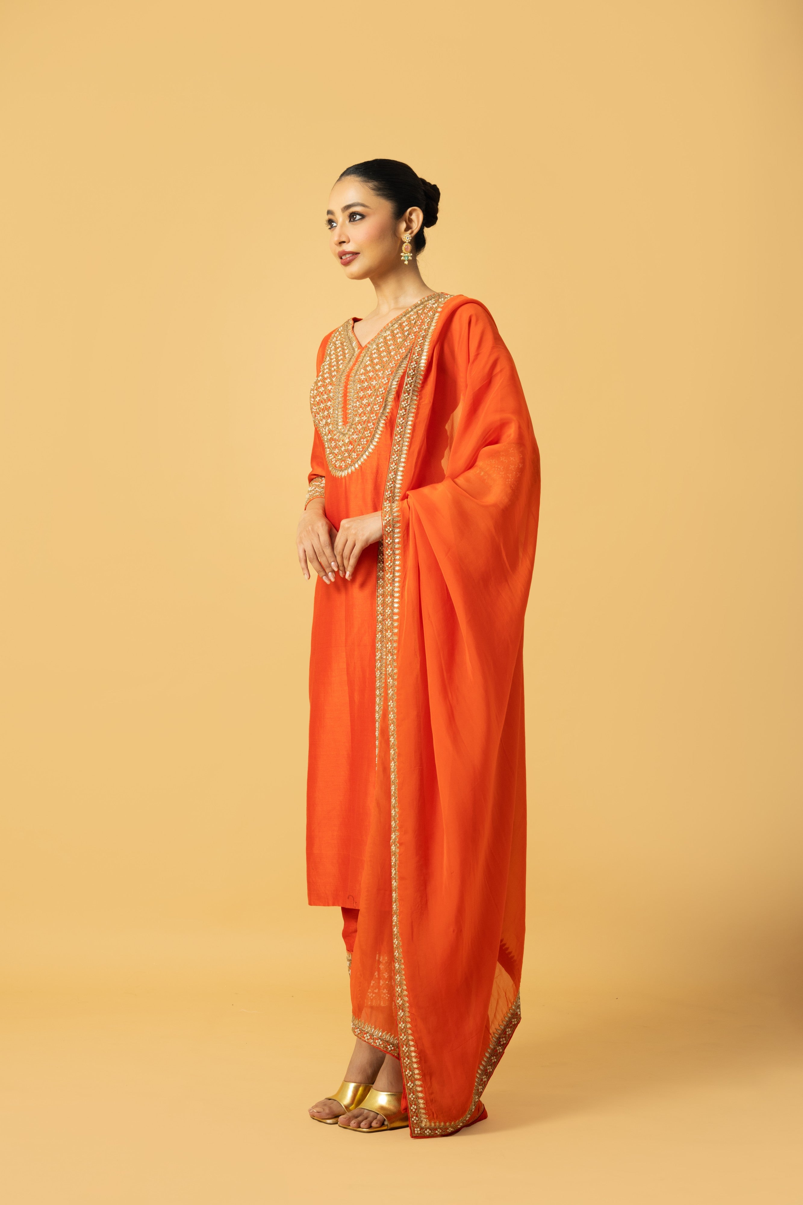 Orange Chanderi Silk Kurta Set with Hand Embroidery