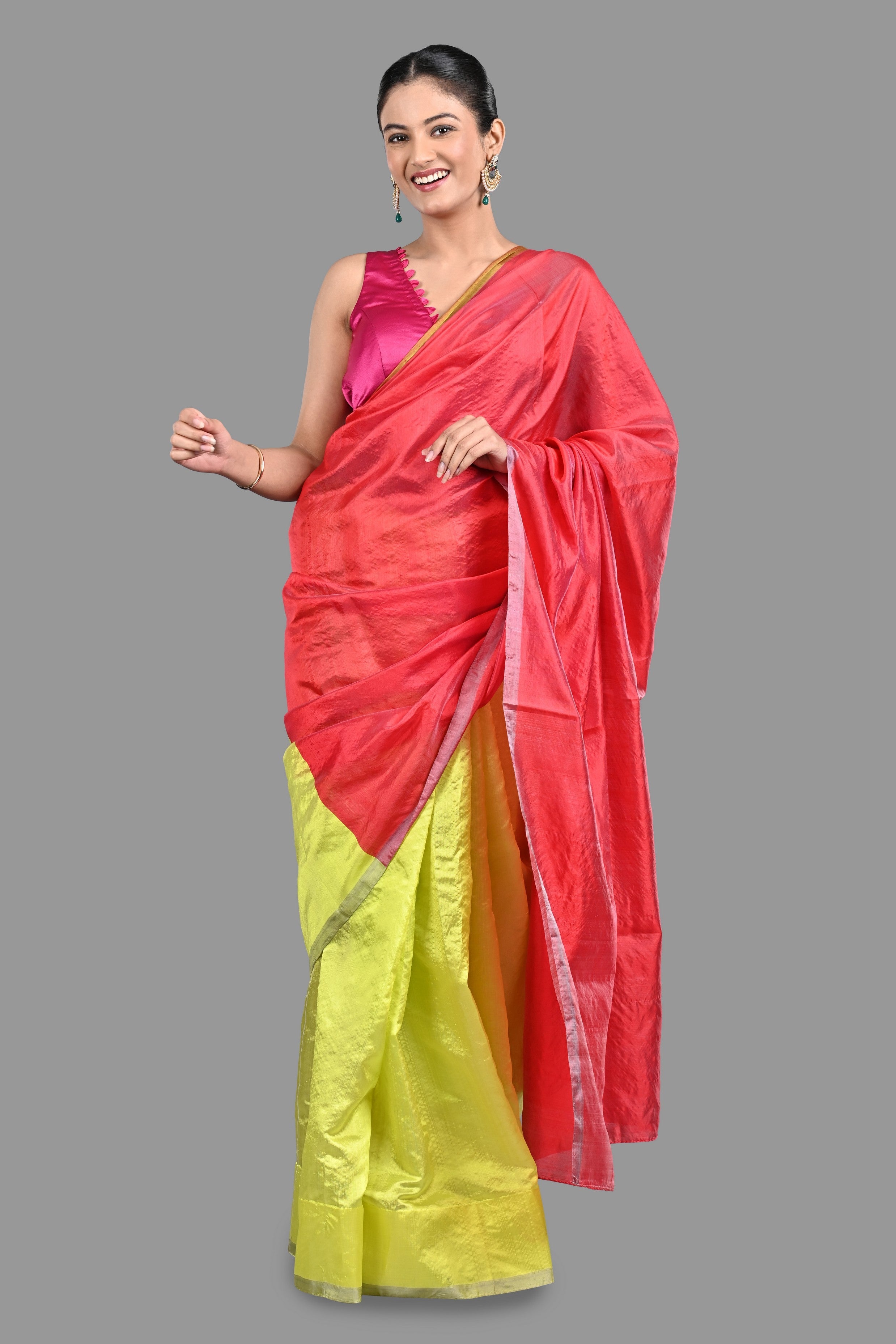 Neon Green-Pink Pure Chanderi Silk saree