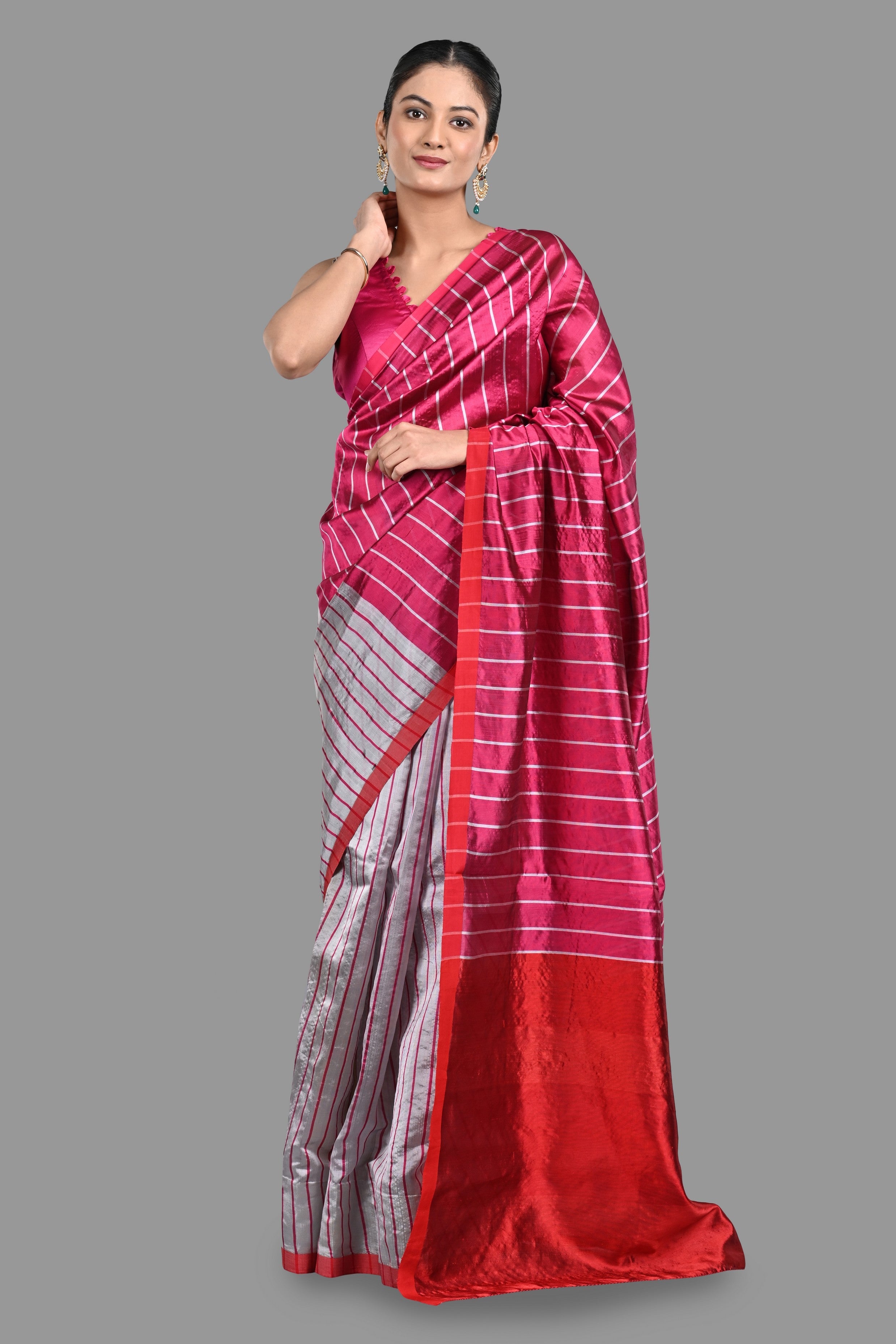 Silver-hot Pink MC Pure Chanderi Silk saree