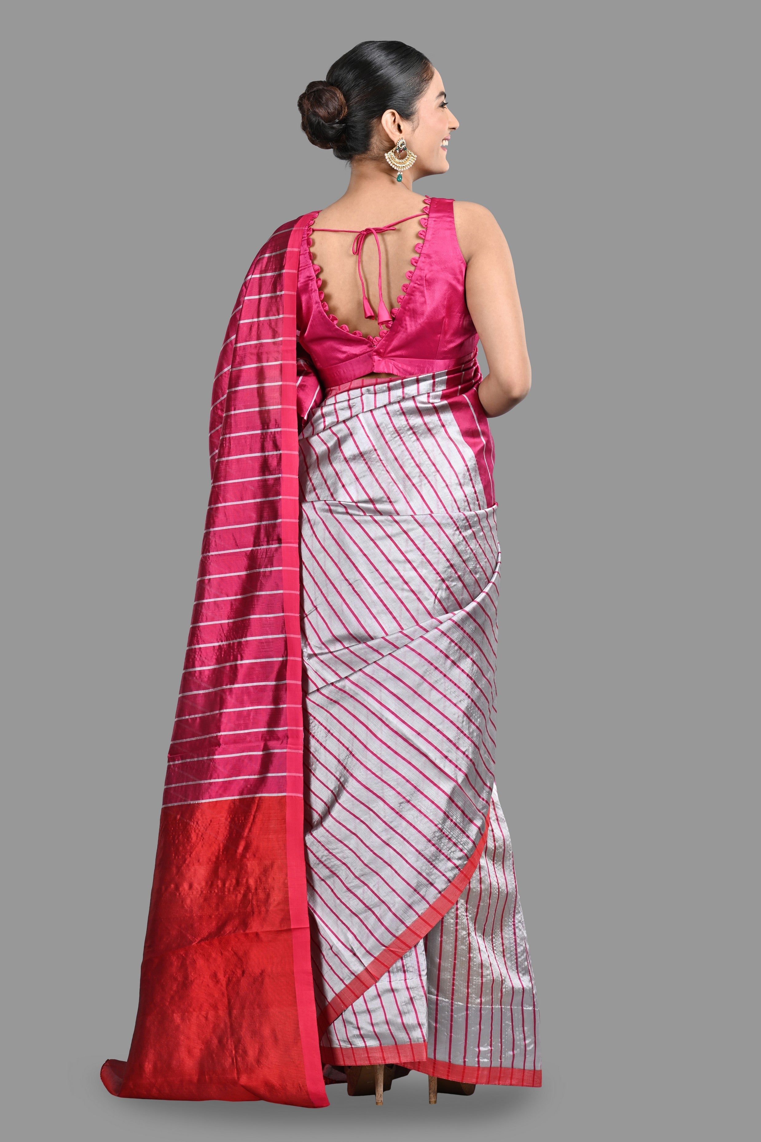 Silver-hot Pink MC Pure Chanderi Silk saree