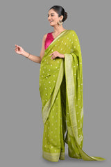 Pista Green Chiffon Banarasi Silk Handloom Saree