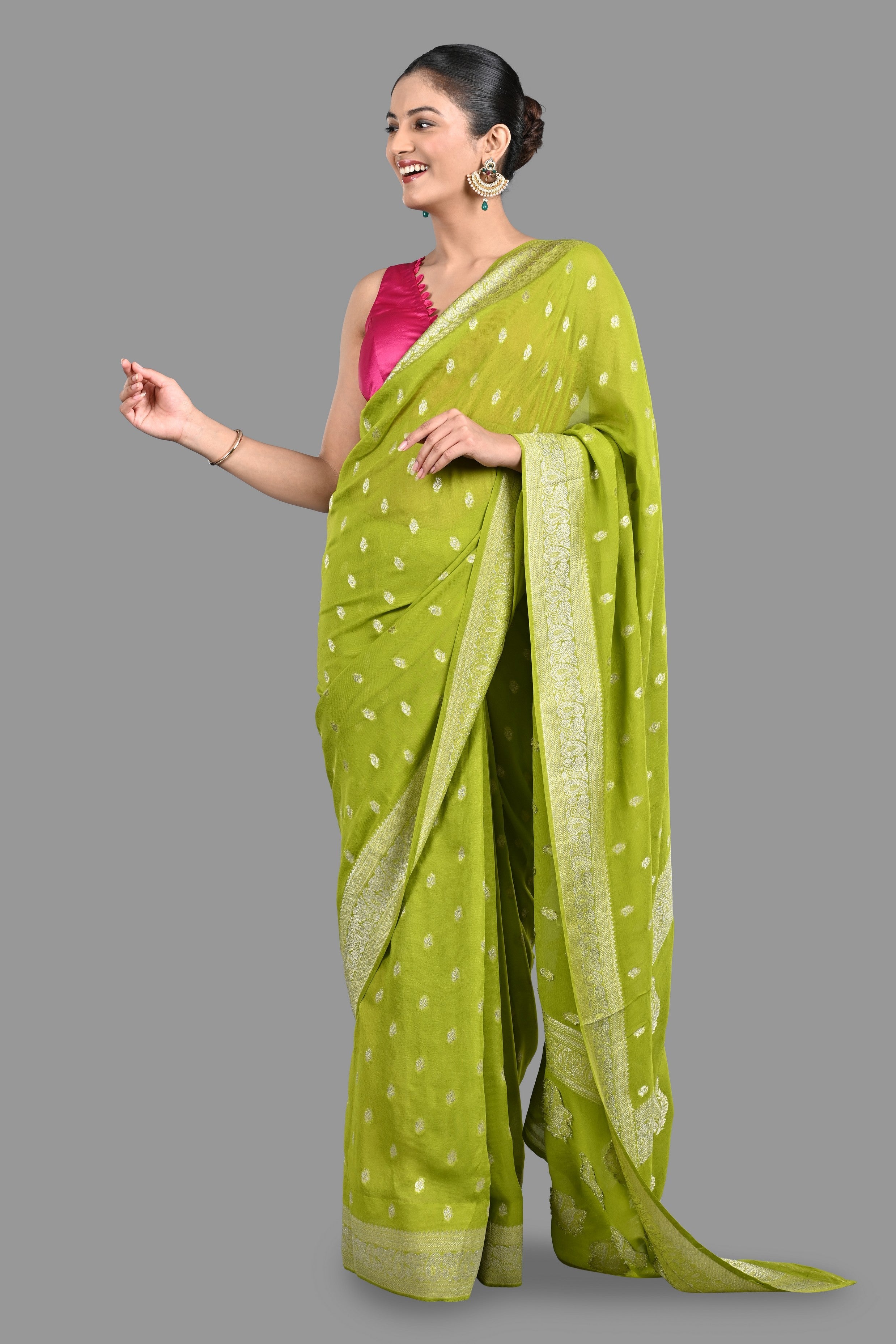 Pista Green Chiffon Banarasi Silk Handloom Saree