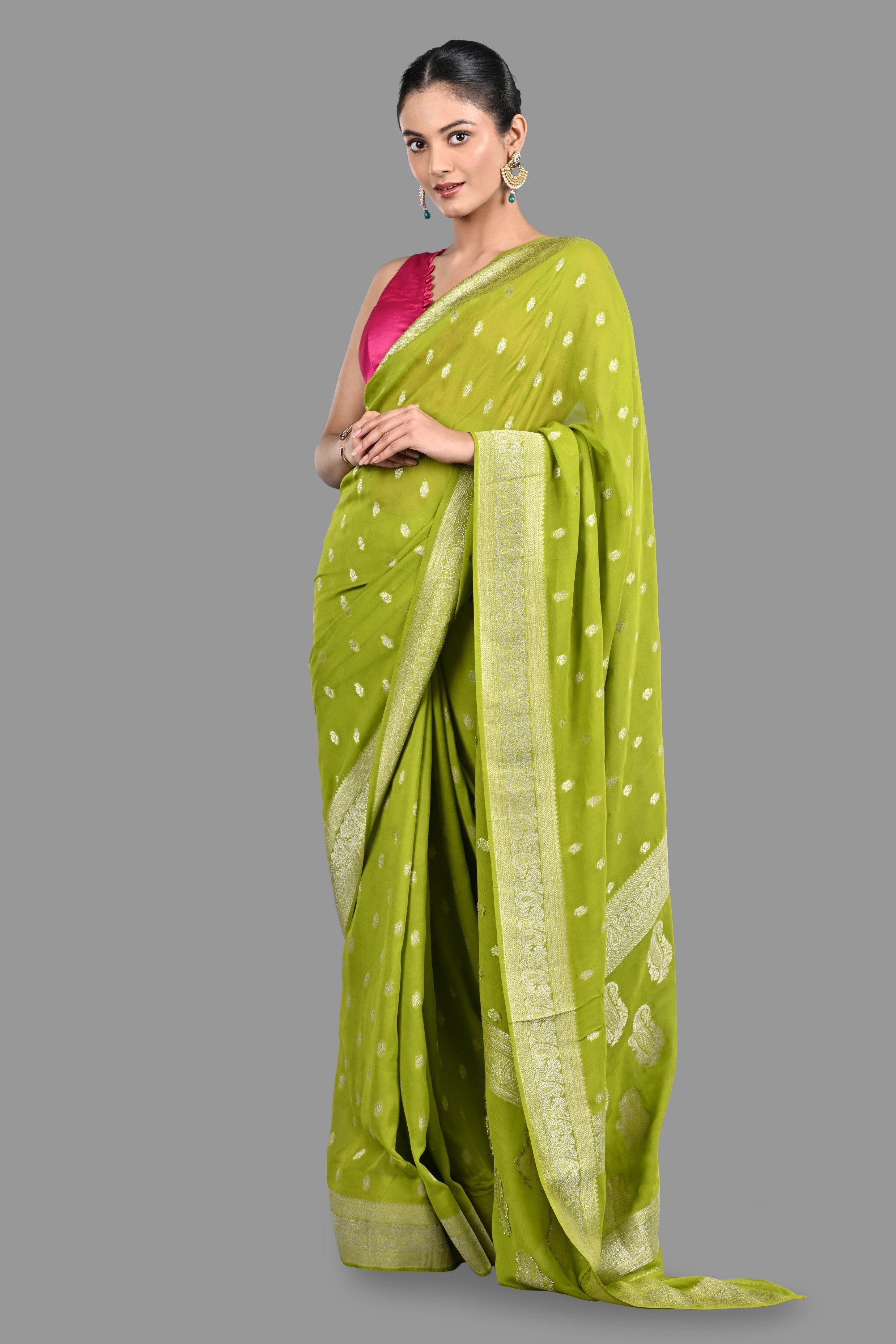 Pista Green Chiffon Banarasi Silk Handloom Saree