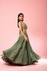 Sage green drape lehenga set