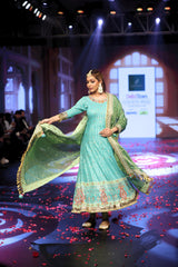 Ghungroo Turquoise Hand-Embroidered Zari Aari Silk Anarkali with Green Dupatta