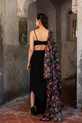 Black printed jacket with drape skirt and bustier