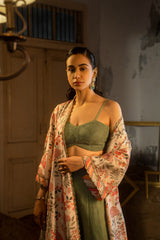 Floral printed jacket set with bustier and plazzo pants.