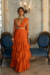 BURNT ORANGE 3 LAYER SAREE SET