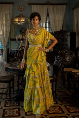 REFRESHING YELLOW MINT RUFFLE SAREE SET