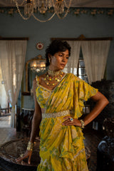 REFRESHING YELLOW MINT RUFFLE SAREE SET