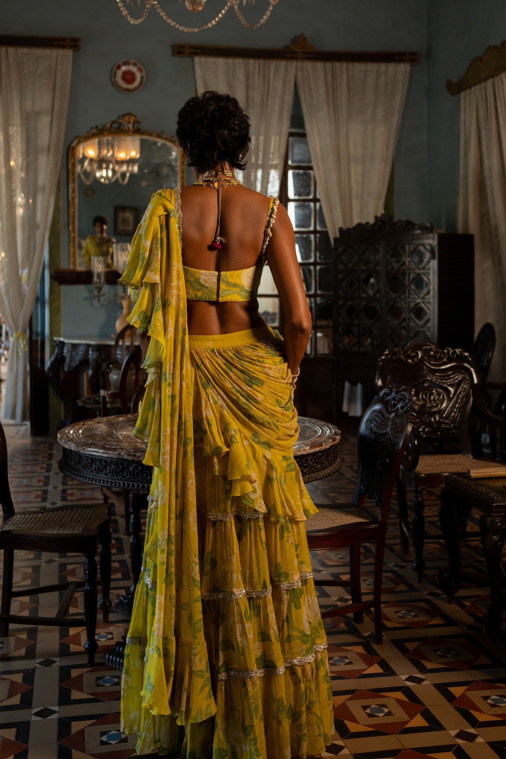 REFRESHING YELLOW MINT RUFFLE SAREE SET