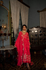 RED SELF WOVEN V NECK ANARKALI SET