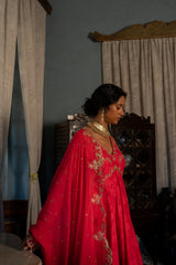 RED SELF WOVEN V NECK ANARKALI SET