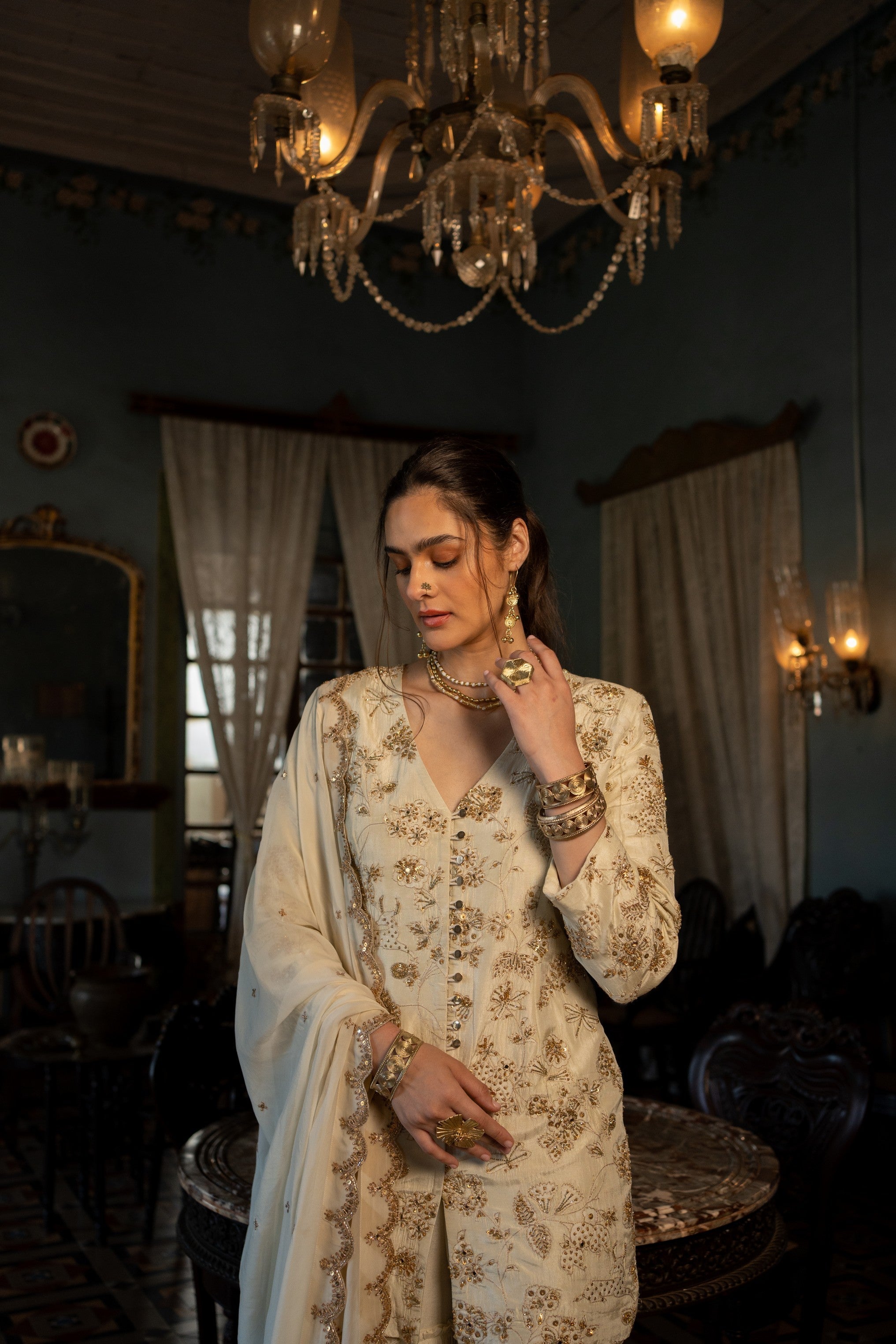 IVORY SELF WOVEN KURTI SET