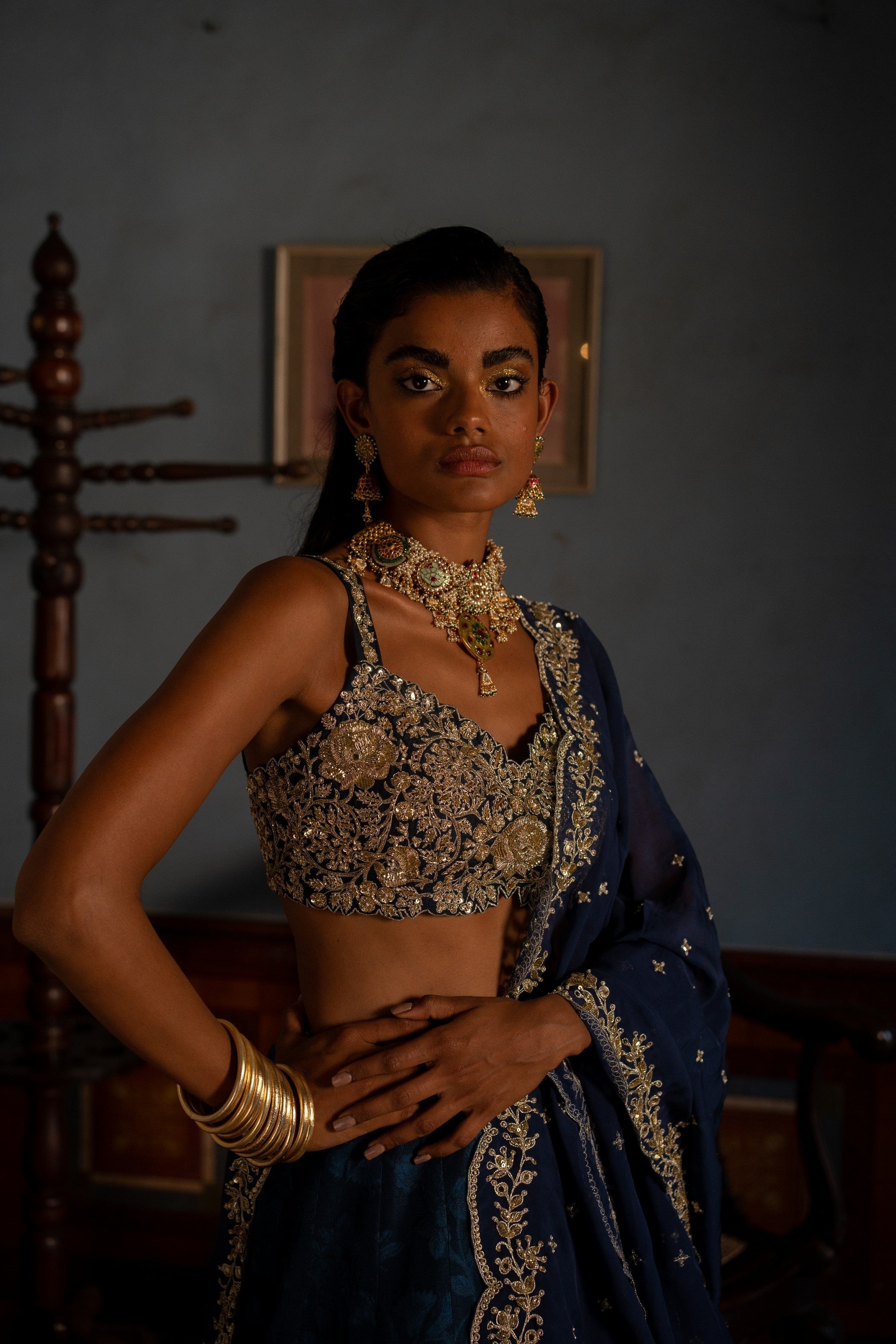 BLUE SELF WVEN KALI EMBROIDERED LEHENGA SET