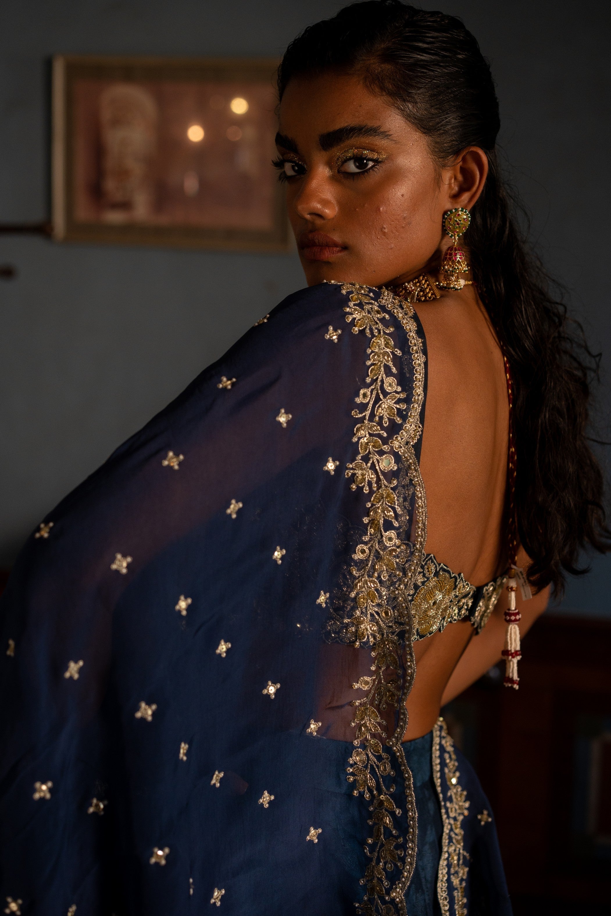 BLUE SELF WVEN KALI EMBROIDERED LEHENGA SET