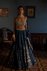 BLUE SELF WVEN KALI EMBROIDERED LEHENGA SET